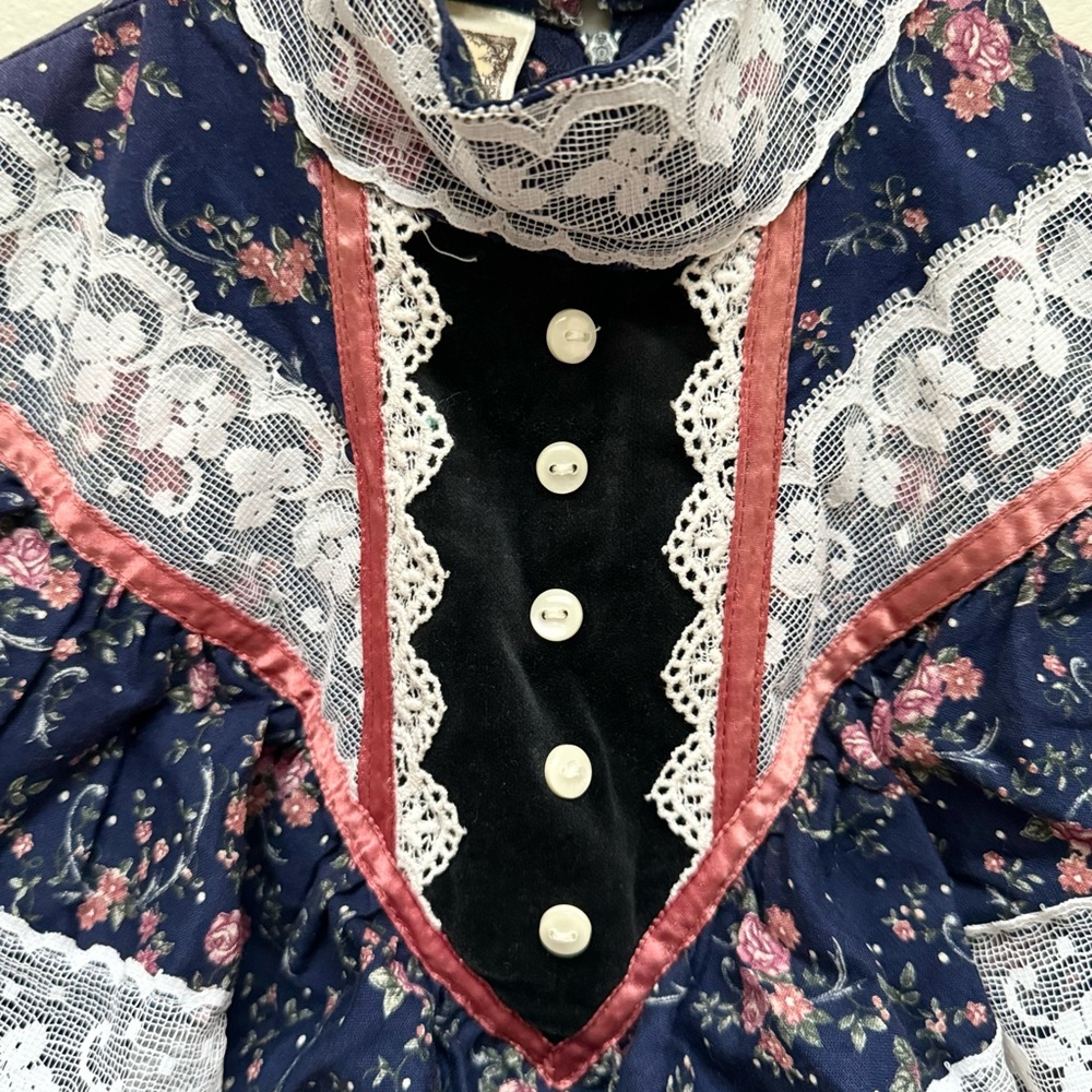 Vintage '70s Jessica McClintock Gunne Sax Navy/Pink Flower Dress - Picture 13 of 16
